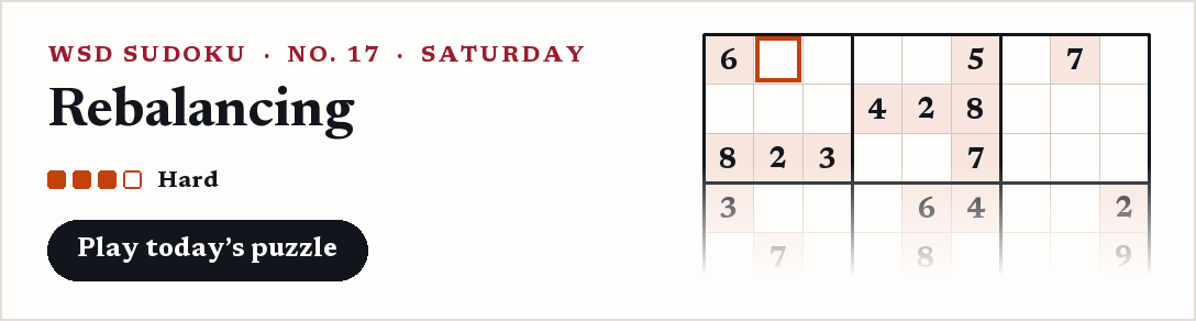 WSD Sudoku, Saturday: Rebalancing, a hard puzzle.
