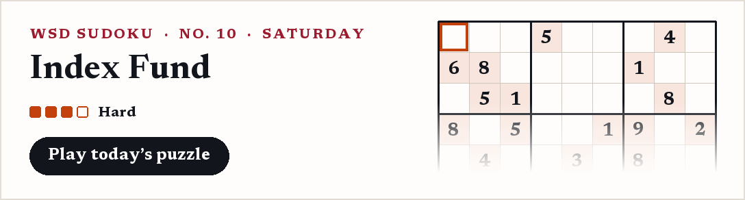 WSD Sudoku, Saturday: Index Fund, a hard puzzle.