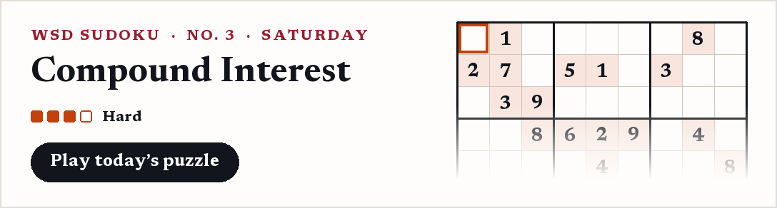 WSD Sudoku, Saturday: Compound Interest, a hard puzzle.