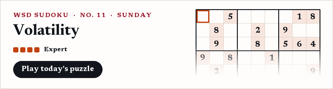 WSD Sudoku, Sunday: Volatility, an expert puzzle.