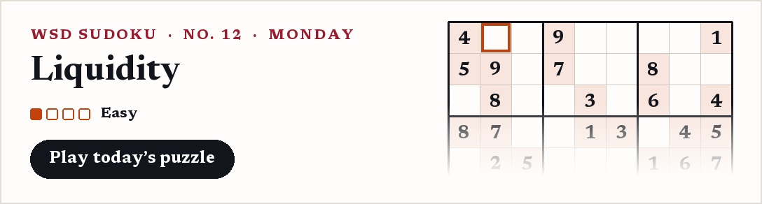 WSD Sudoku, Monday: Liquidity, an easy puzzle.