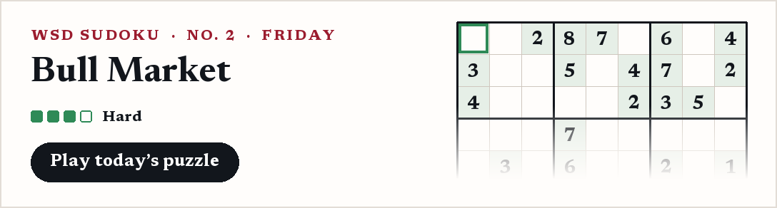 WSD Sudoku, Friday: Bull Market, a hard puzzle.