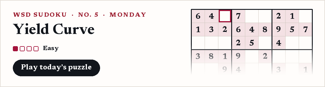 WSD Sudoku, Monday: Yield Curve, an easy puzzle.