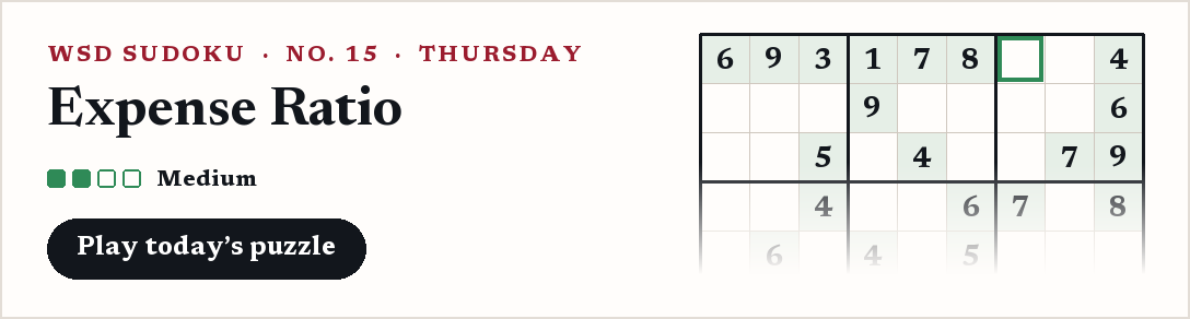 WSD Sudoku, Thursday: Expense Ratio, a medium puzzle.