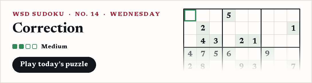 WSD Sudoku, Wednesday: Correction, a medium puzzle.