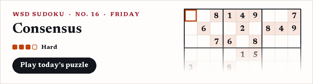 WSD Sudoku, Friday: Consensus, a hard puzzle.