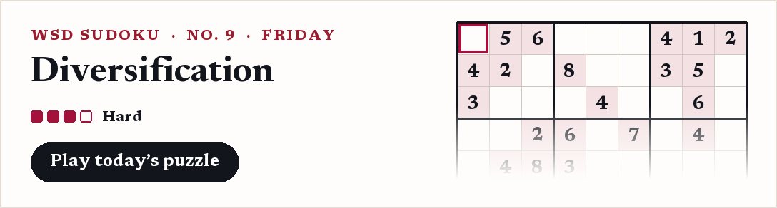 WSD Sudoku, Friday: Diversification, a hard puzzle.