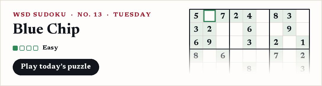 WSD Sudoku, Tuesday: Blue Chip, an easy puzzle.